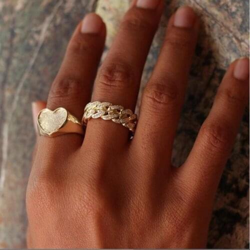 Top quality iced out bling 5a cubic zirconia Miami Cuban link chain ring for women Hip hop Engagement band trendy finger rings