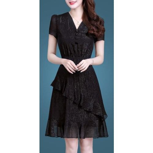 Women Summer Black Dress Buttons V-neck Knee-length A-line Chiffon Fashion Hypotenuse Cocktail Dresses
