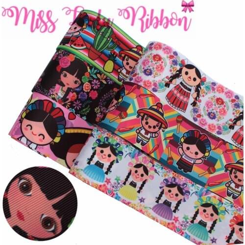 16mm-75mm Mexico Girl Series Retro Flower Stripes Cartoon Cactus Printed Grosgrain/Foe Ribbon DIY Hair Bowknots 50yards/roll