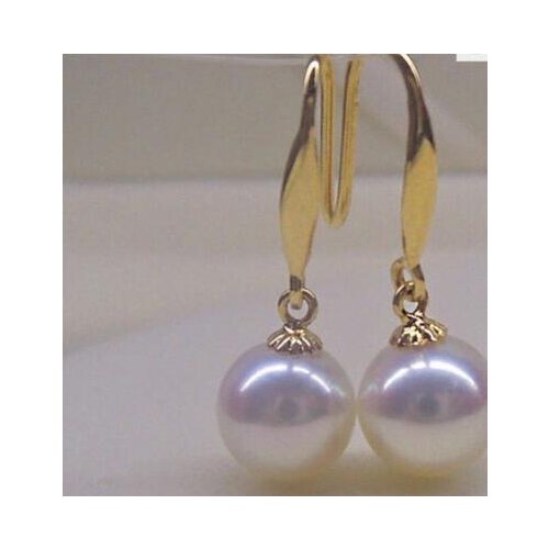 Free shipping >>>>noble jewelry Beautiful a pair 10-11mm AAA south sea round white pearl dangle earrings 14k