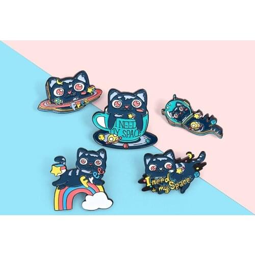 Space Cat Enamel Pins Cat Planet Astronaut Mug Kitten Universe Brooches Rainbow Animal Bag Lapel Pin Badge Jewelry Gift Friends