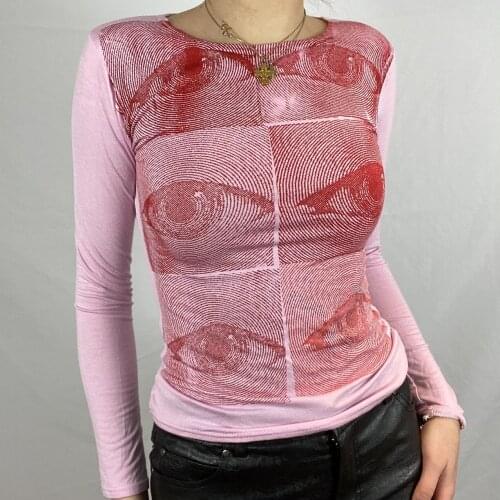 Y2K Womens Round Neck T-Shirt Trendy Long Sleeve Abstract Eyes Print Slim Fit Tops For Daily Life Beach Dating Work Holiday