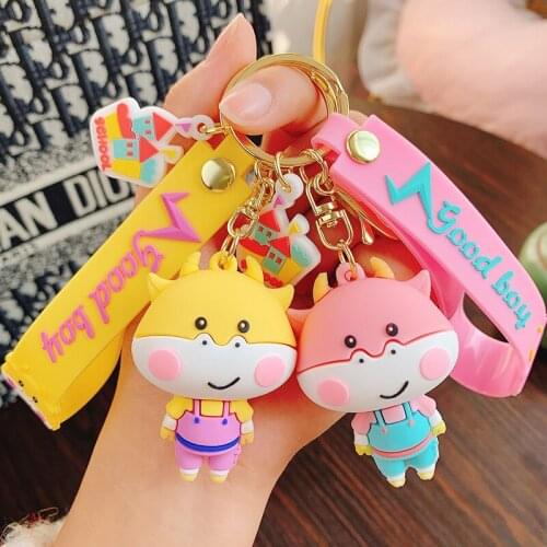 Lovely Cow Calf Animal Kawaii Couples Keychain Key Chain For Women Rubber Trinkle Key Ring Chains Car Bag Charm Girls Gift D820
