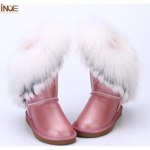 INOE real fox fur women winter snow boots rabbit fur tassels cow leather waterproof non-slip sole white black 35-44 high quality