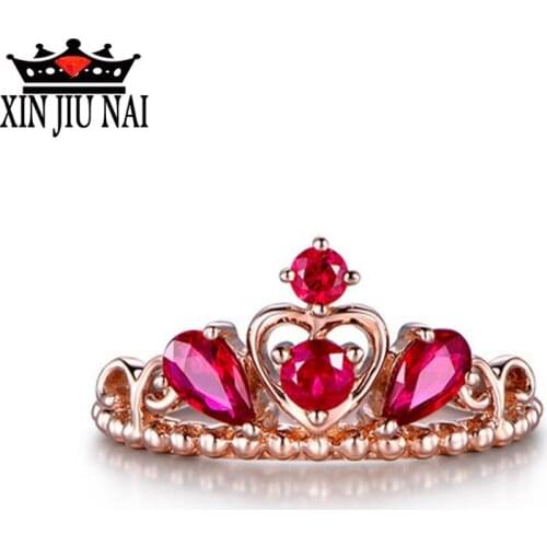 Multiple inlays Trendy Crown Heart Ring with Red Zircon Rose Gold Color Engagement Anniversary Wedding Ring for Women bague