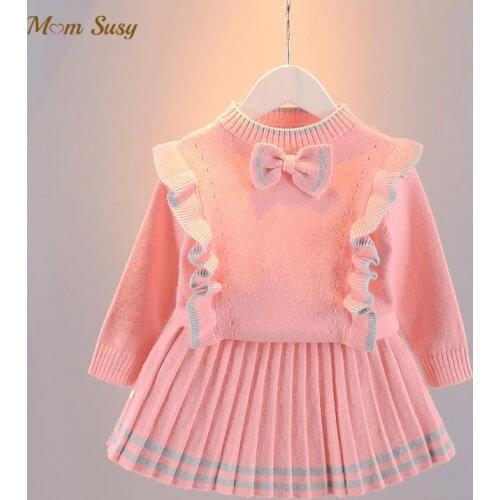 Baby Girl Cotton Knitted Clothes Set Bow Sweater+Knitted Pleated Skirt 2PCS Infant Toddler Long Sleeve Clothing sets Outfit