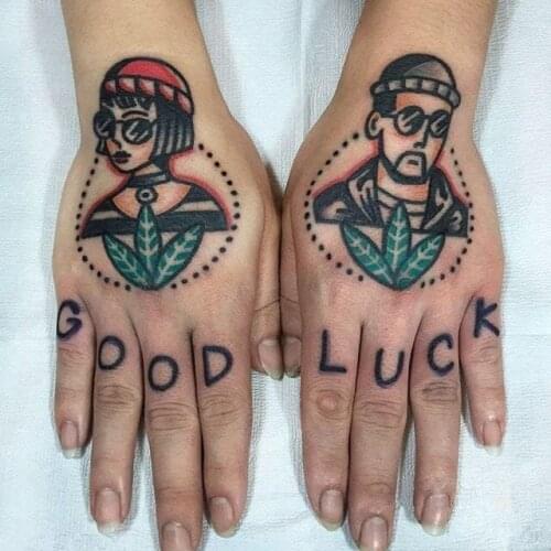 Colorful Cartoon Girl and Men English Words GOOD LUCK Temporary Tattoo Stickers for Hands Arm Body Art Waterproof Fake Tattos