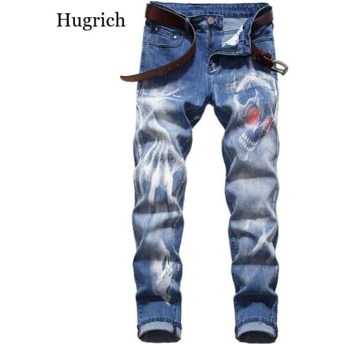 Fashion Big Size Mens Jeans 28-42 Black Stretch Slim Fit Painted Wolf Print Night Club Singers Trousers