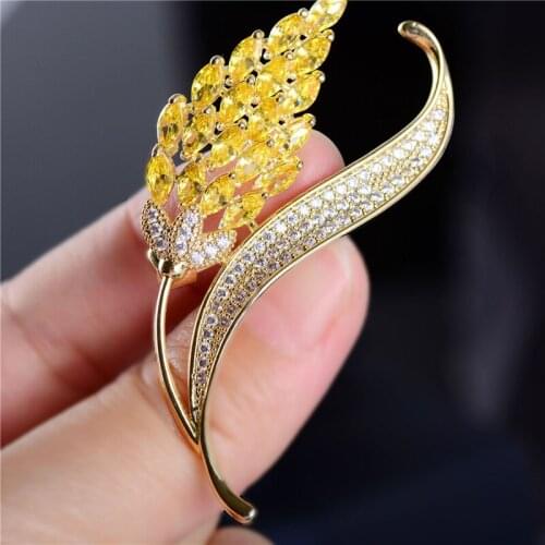 Fashion Wheat-Ears Brooches Pins Men Plant Vintage Women Brooches Wheat Yellow Zircon Wedding Scarf Pins Jewelry Accessories