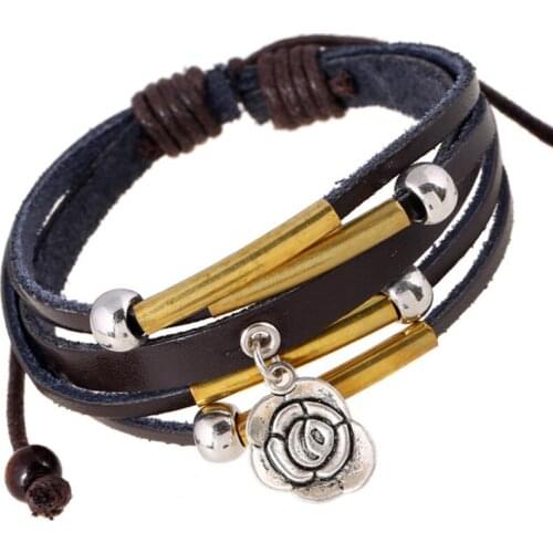 Fashion Vintage Women Girl Cuff Leather Bracelet Alloy Rose Flower Charms Multilayer Beads Bangle Wrap Casual Wristbands Jewelry