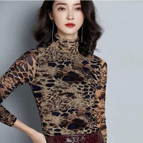 Fall 2019 New Leopard-print Mesh Bottom Shirt Long-sleeved Top Fashion Elasticity Slim High-collar Knitted Shirt Women