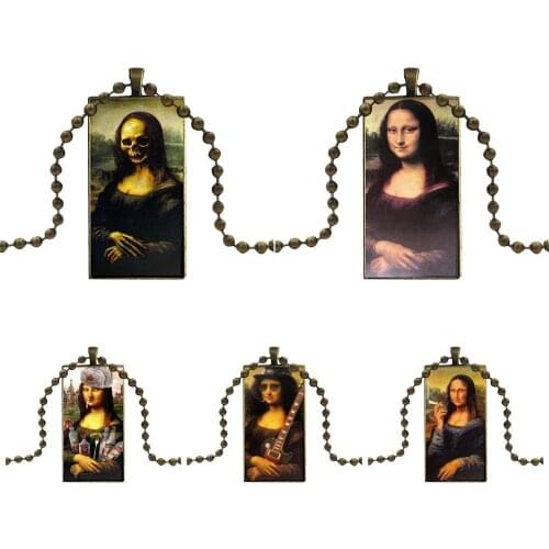 For Girls Wholesale Mona Lisa Funny Art Colorful Cute Glass Cabochon Pendant Necklace Rectangle Fashion Necklace