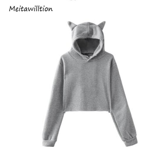 Autumn Winter Cat Ear Long Sleeve Hoodies Tops Women Lovely kitten Hooded Sweatshirts 2020 Female Solid Color O-Neck Sweatshirts