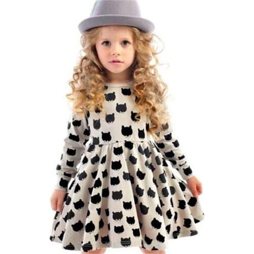 Girl Dresses Cotton Cartoon Long Sleeve Black Stamp Elastic Pleated Zou Comfortable Dress Stitching Children Clothing Cat Print