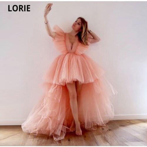 LORIE Peach High Low Prom Dresses 2021 V-Nec Ruffed Short Front Long Back Custom Made Tulle Arabic Evening Gown Red Party Dress
