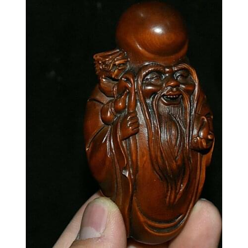Folk China Boxwood Wood Hand Carved Dragon Gourd Peach Longevity Star God Statue Statues et Sculptures Collection Ornaments