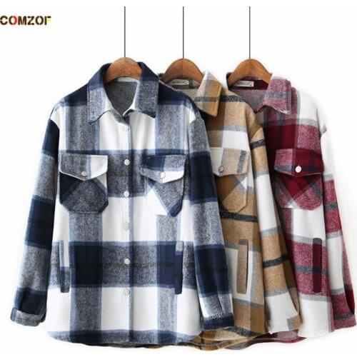 Loose woolen plaid coats women 2020 autumn fashion jackets long sleeve tops pockets woman casual jacket kobieta kurtka plus size