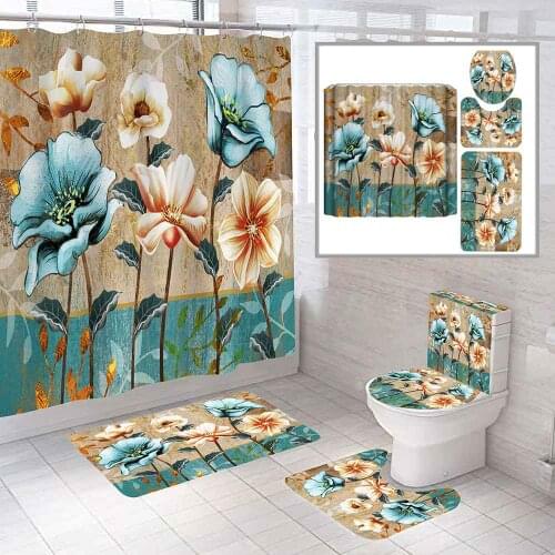 Waterproof Shower Curtains Beautiful Flower Floral Printed Bathroom Set Non-Slip Rug Toilet Lid Cover and Bath Mat