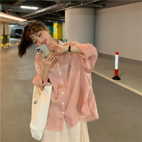 Large Size Womens Shirt Clothing For Plump Girls Korean Style Loose Temperament Sweet Pink Silky Shirt Mid-Length Spring