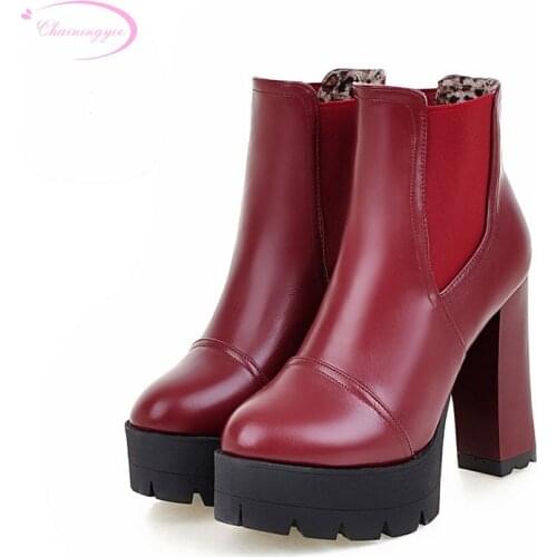 Chainingyee leisure round toe ankle boots elastic platform white red yellow black high-heeled platform womens riding boots