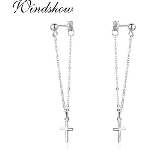 Cute Pure 925 Sterling Silver Cross Charms Pendientes Long Chain Dangle Earrings For Women Jewelry Girls Aros Aretes Kolczyki