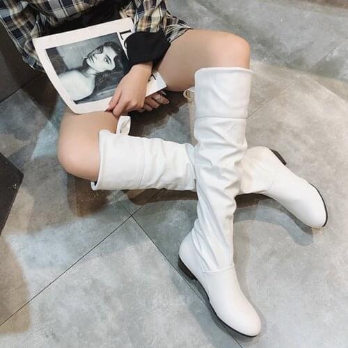 Woman Knee High Boots Red Black White Tall Boots Woman Pleated Low Heel Casual Leather Autunm Winter Female Long Shoe Women