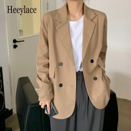 2021 New Autumn Black Double Breasted Womens Tops Notched Collar Casual Loose Office Workwear Chic Outwear Ladies Blazer