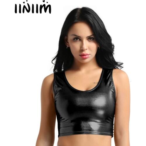 Iiniim Womens Femme Night Party Pole Dance Camis Streetwear Shiny Metallic Tank Crop Top Vest Bustier Blouse Shirt Sexy Clubwear