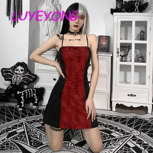 Goth Cool Vestidos Red White Women Cobweb Print Dresses Backless Sleeveless Dark Gothic Lady Sexy Mini Dress 2021 Summer Basic