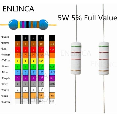 100pcs 5W 3.3K 3.6K 3.9K 4.3K 4.7K 5.1K 3.3KR 3.6KR 3.9KR 4.3KR 4.7KR 5.1KR ohm 5% metal film resistor color ring resistance 5W