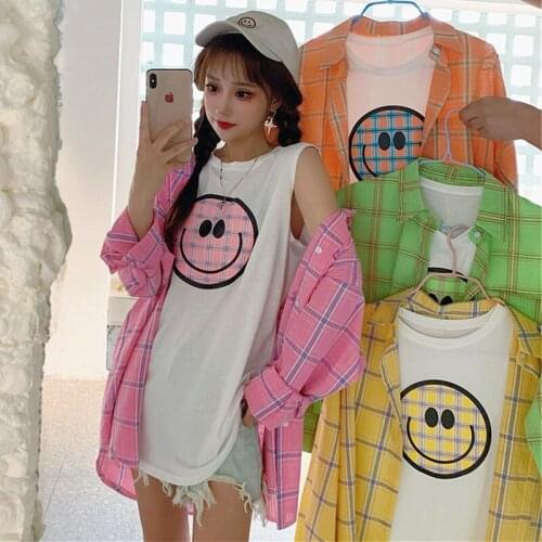 2-pack of long-sleeved summer candy-colored plaid loose top shirts for women Harajuku tops and smile print tank tops NZ111