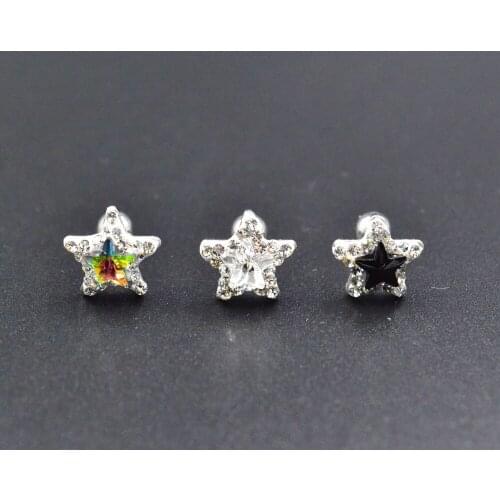 Free Shippment 50PCS Body jewelry-CZ Gems Star Ear Stud Tragus/Helix Bar/Stud/Earring Stainless Steel CZ Gems Prong set