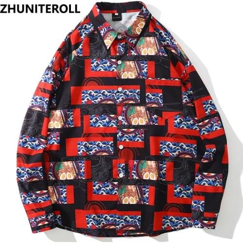 Ukiyoe Print Harajuku Men Hawaiian Shirt Hip Hop Japan Style 2021 Beach Shirt Summer Long Sleeve Aloha Shirt Fashion Streetwear