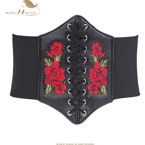 SISHION Corsets and Bustiers Gothic Embroidery Floral Flower Lace-up Underbust Corset Elastic Cinch Waist Belt Sexy Black VB0009