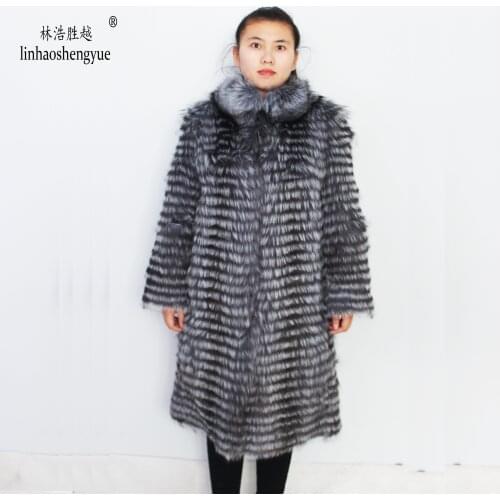 Linhaoshengyue real Silver fox fur coat length 100CM with Standing collar