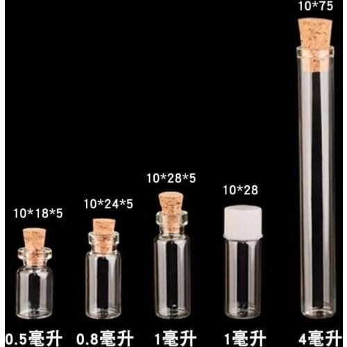 10pcs/lot 0.5ml 0.8ml 1ml 4ml Mini Small Tiny Clear Cork/Plastic Stopper Glass Wishing Bottles Glass Jars Test Tube Bottles Jars