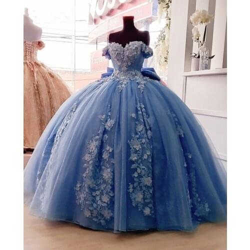 Mexican Dusty Blue Quinceanera Dress with 3D Floral Applique Vestidos XV Años Sweet 16 Dress Bow robe de soirée