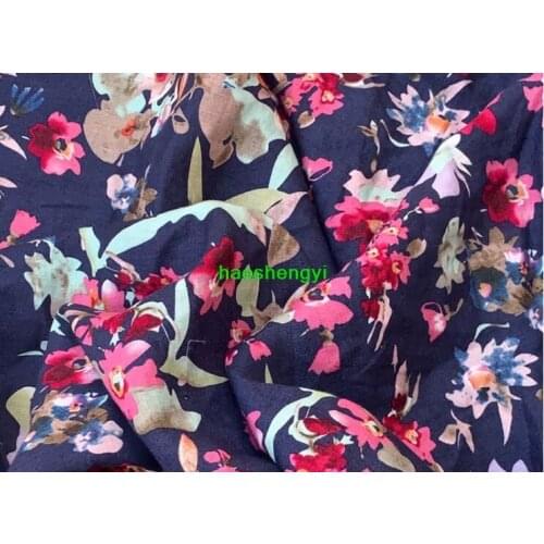 Foreign trade pure linen printed cloth, blue bottom red flower pure linen printed cloth fashion garment fabric