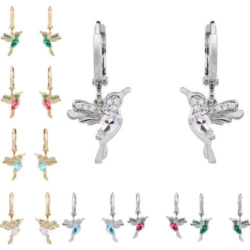 Cute Flying Hummingbird Earrings Rhinestone Crystal Drop Earrings For Women Party Jewelry Gift Silver Gold Hoop Earring