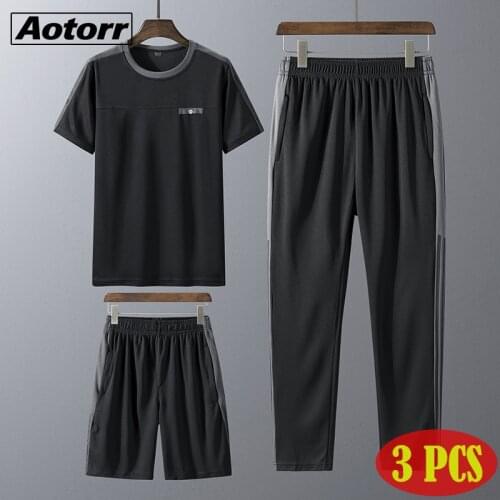 2021 New Men Sportswear Trend Tracksuits Running Set Short-Sleeved T-shirt+Sports Shorts+Pants Male Casual Suits 3 Piece Set