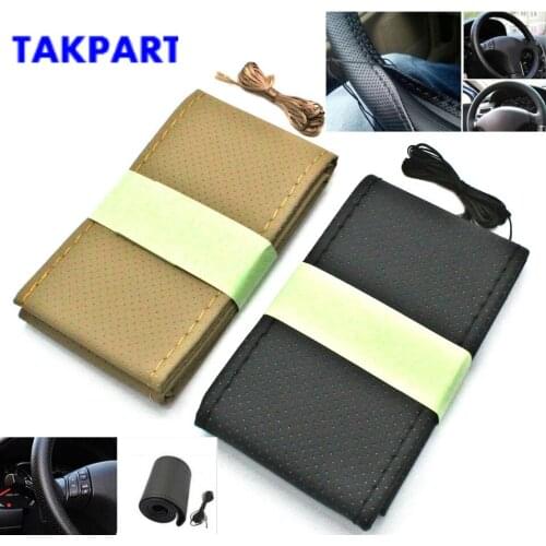 TAKPART New Car Truck Leather Steering Wheel Cover With Needles and Thread Black and brown DIY LAU