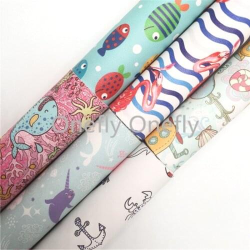 Onefly Tropical fish octopus Rainbow Unicorn dolphin Flamingo Printed Synthetic Leather, Faux Fabric For Bow DIY FZ041
