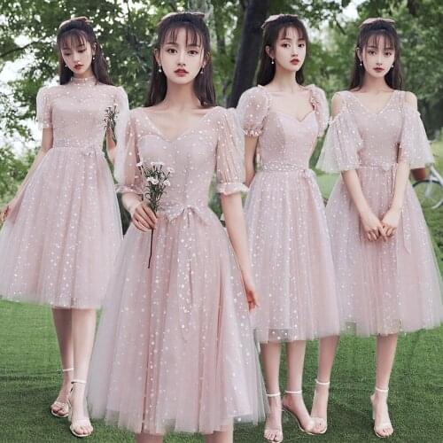 Bridesmaids Dress Illusion V-Neck A-Line Luxury Pink Lace Tulle Vintage Knee-Length Sashes Elegant Women Wedding Party Gown E118