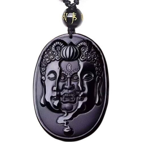 Drop Shipping Buddha and Devil Carving Obsidian Necklace Pendant Mens Pendant With Chain Black Jade Jewelry