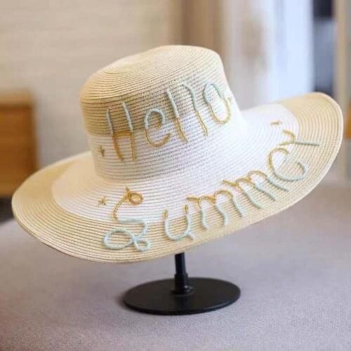 DIY straw hat hand-sewn beads HELLO SUMMER letter straw big brim sun hat fedora hat summer beach straw hat Panama