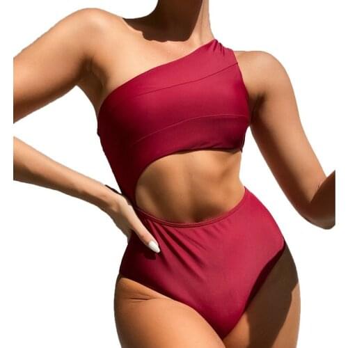 QINJOYER One Piece Swimsuit One Shoulder Bikini Women Bathing Suit Solid Red Swimsuit Cut Out Women Monokini Thong Swimsuit