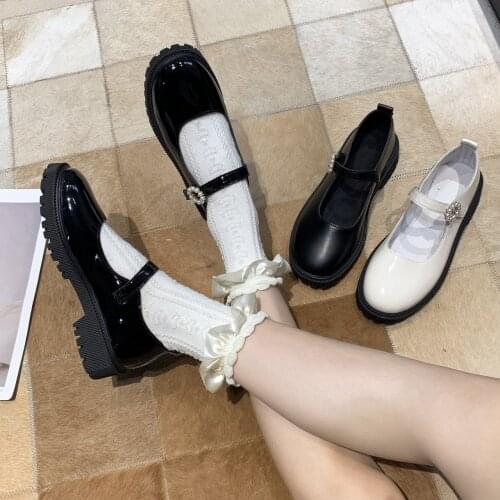 Mary Jane Shoes Pearl Girl Student LOLITA Shoes Student Shoes College JK Uniform Shoes PU Leather Ankle-strap Women Shoes Woman