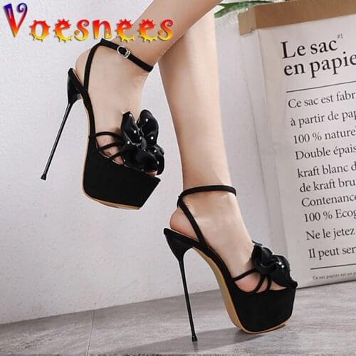 Voesnees Super High Heels Big Bow Rhinestone Women Sandals 2021 Summer Thin Heel 17cm Black Platform Ladies Catwalk Shoes 34-40