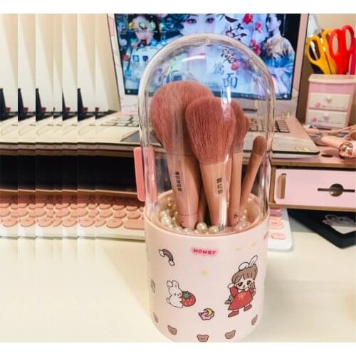 W&G Transparent Kawaii Makeup Brush Storage Bucket with Lid Dustproof Portable Acrylic Makeup Organizer Cute Storage Box