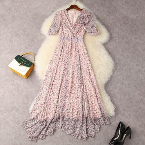 European and American womens wear for summer 2021 Short sleeve v-neck Fashion print pleated irregular dress